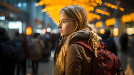 Obraz premium Portrait of Young woman standing on at metro station, Beautiful blonde female in the metro station