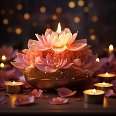 beautiful diya clay lamp with indian style motif on diwali celebration