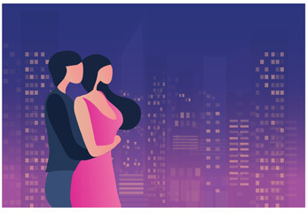 Loving couple embracing at balcony   on cityscape night time vector illustration. Happy valentine's day, marriage, wedding and love concept