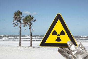 nuclear radiation warning sign in front of a beach