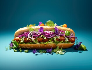 A healthy hot dog with plenty of vegetables. 