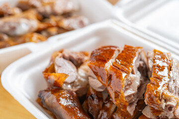 angle view roasted goose and turkey wings