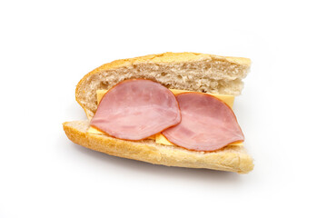 Ham and cheese in half cut baguette bread isolated on white background.