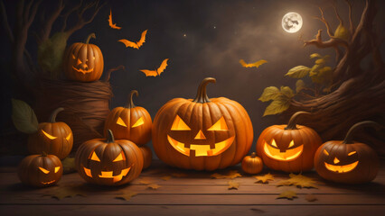 (Halloween background/halloween wallpaper/halloween) Halloween background with pumpkin and bats 