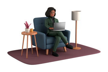 3d business woman executive pose sitting with laptop thinking about idea isolated on transparent background, 3d rendering