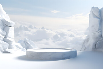 3D White stone podium minimal product display pedestal rock with mountains landscape snow winter scene, ai generate - obrazy, fototapety, plakaty