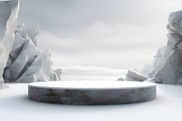 Fototapeta na wymiar 3D White stone podium minimal product display pedestal rock with mountains landscape snow winter scene, ai generate
