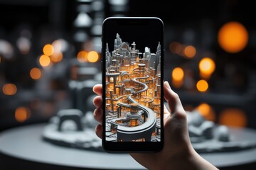 Augmented Reality Smartphone Experience. Virtual objects seamlessly blend with the real world, demonstrating the concept of AR technology in action. - obrazy, fototapety, plakaty
