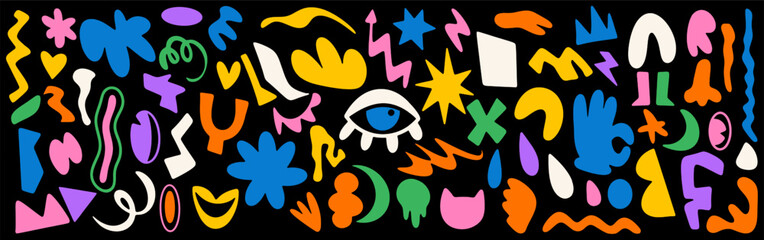 Collection abstract shapes. Set of geometric different shaped elements for design, soft multicolored tones. Y2K. Isolated on black background. Art cartoon creative doodle graphics. vector illustration