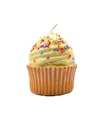 candle cupcake with rainbow sprinkles on it on a transparent background 