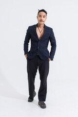 Portrait isolated cutout studio shot Asian vintage classy shirtless sexy mustache neck hand tattoos male fashion model in fashionable blazer suit standing posing look at camera on white background