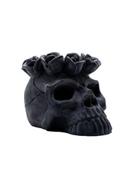 Side Profile of a black skull with roses on its head on a transparent background 