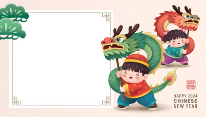 2024 Chinese New Year, year of the Dragon template design with boy and girl performing dragon dance. Chinese translation: good luck and happiness