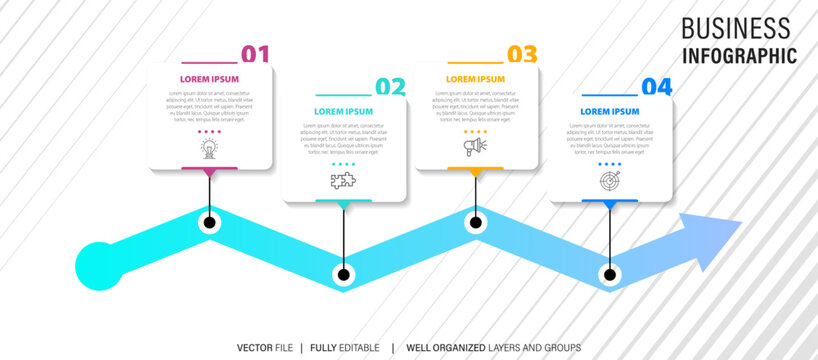 Line step infographic. 4 options workflow diagram, arrow timeline number infograph, process steps chart. Linear vector infographics. Process order infographic arrow and steps point illustration