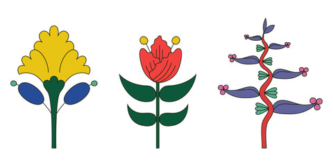 A set of three stylized flowers, colored drawing, floral element