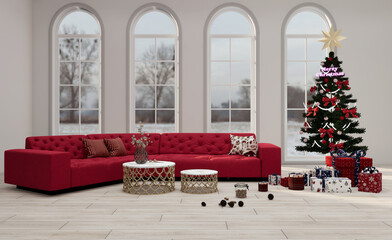 christmas interior, Xmas Tree decorated with gift box and sofa red. 3D rendering.
