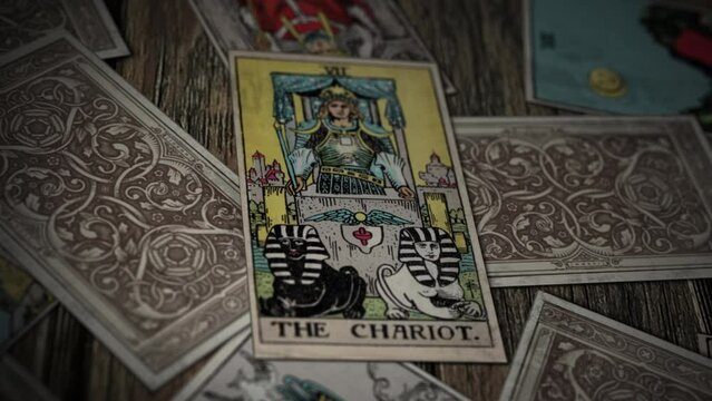 Paris, France - June 05, 2012. Metaphorical Signs Of The Chariot Tarot Card Predicts Luck And Determination. Metaphorical Magic Signs Divinate Luck. Metaphorical Bravery Signs. Luck Prediction