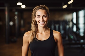 Smiling portrait of a happy young female caucasian fitness instructor working in an indoor gym