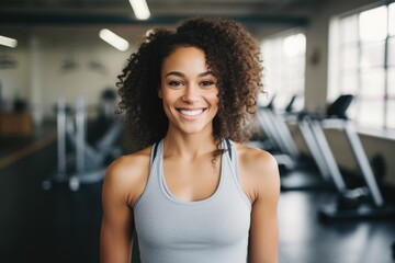 Fototapeta premium Smiling portrait of a happy young female african american fitness instructor working in an indoor gym