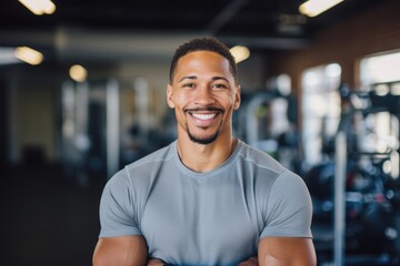 Fototapeta premium Smiling portrait of a happy young male african american fitness instructor in an indoor gym