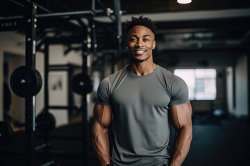 Fototapeta na wymiar Smiling portrait of a happy young male african american fitness instructor in an indoor gym