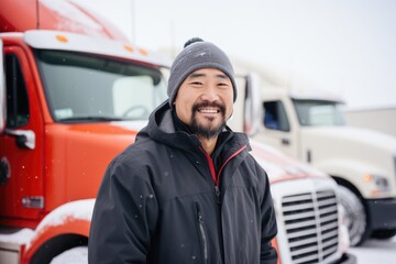 Smiling portrait of a happy middle aged asian american male truck driver working for a trucking company
