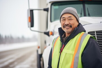 Smiling portrait of a happy middle aged asian american male truck driver working for a trucking company