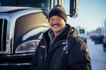 Smiling portrait of a happy middle aged asian american male truck driver working for a trucking company