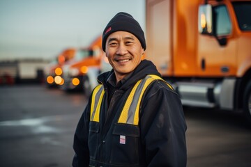 Obraz premium Smiling portrait of a happy middle aged asian american male truck driver working for a trucking company