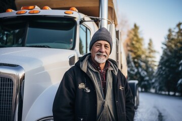Smiling portrait of a happy middle aged caucasian male truck driver working for a trucking company