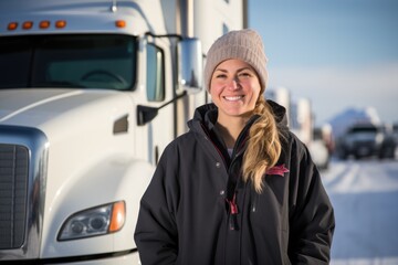 Smiling portrait of an caucasian female truck driver working for a trucking company