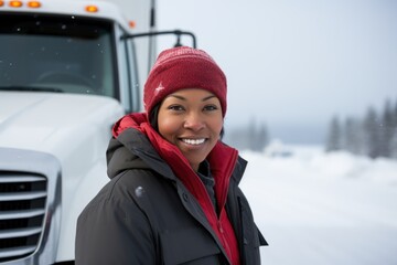 Fototapeta na wymiar Smiling portrait of an african american female truck driver working for a trucking company