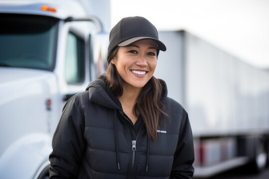Smiling portrait of an asian american female truck driver working for a trucking company