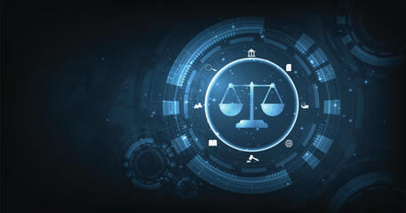 Concept of Internet law.Cyber Law as digital legal services Labor law, Lawyer, on Dark Blue blurred background.	