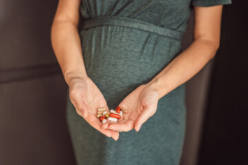 A glowing pregnant woman proudly displaying her carefully chosen maternity dietary supplements,...
