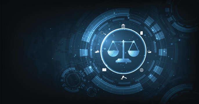 Concept of Internet law.Cyber Law as digital legal services Labor law, Lawyer, on Dark Blue blurred background.	