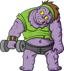 Spooky zombie gym cartoon character on white background