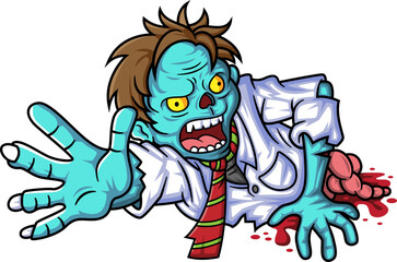 Spooky zombie businessman cartoon character on white background