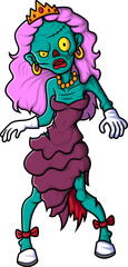 Spooky zombie queen cartoon character on white background