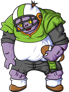 Spooky zombie american football player cartoon character on white background