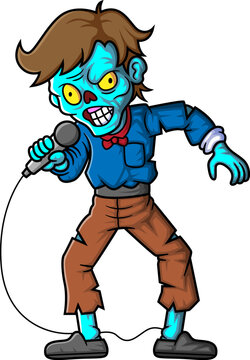 Spooky zombie singer cartoon character on white background