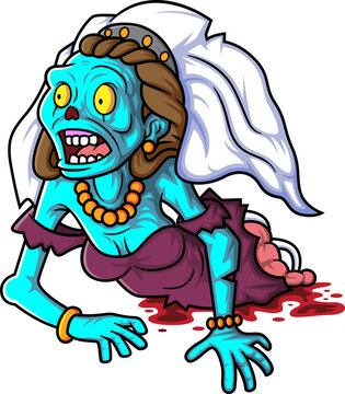 Spooky zombie bride cartoon character on white background