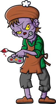 Spooky zombie painter cartoon character on white background