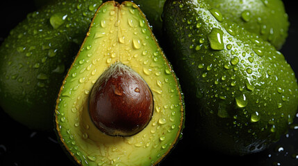 close up of fresh  green half avocado fruit with water drops