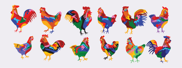 Set of colorful abstract and various shapes chicken rooster hen icon character vector illustration. Isolated on white background. © Suryadi