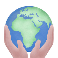 earth in hands holding hand-drawn holding world