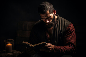 Fototapeta na wymiar A portrait of a man reading a book in a dark room, Generative AI