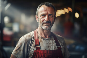 Obraz premium Portrait of a worker in front of a blurry background looking at the camera, Generative AI