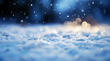 Close-up of fresh snow on the ground with blurred lights on the background, cold winter night, ai generated