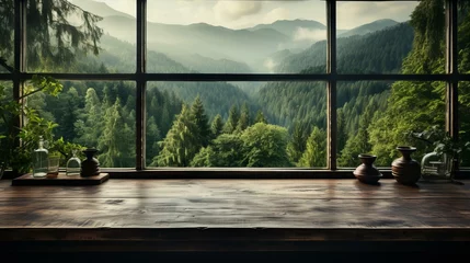Foto op Plexiglas 室内から見える緑色の森林の風景 © shin project